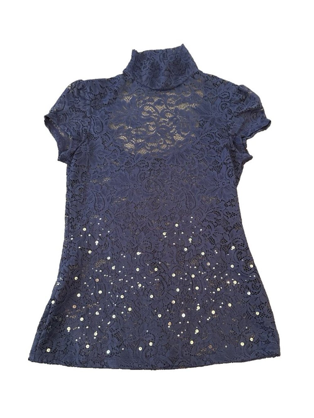 Express Blue Floral Lace Sequin Studded Open Back Mock Neck Womens Top M Sheer